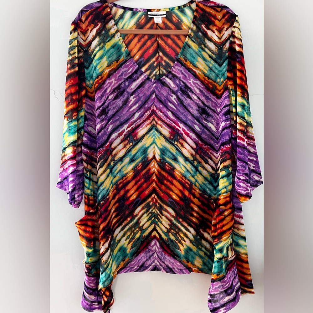 Mirror Image 2X Tie Dye Multicolor 3/4 Sleeve Tunic w/ Shark Tale Hem EUC